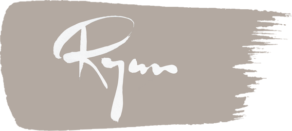 The artists logo is a grey-brown paint stroke with his real signature in white reading "Ryan." His signature was first carved into clay before being turned into a logo.